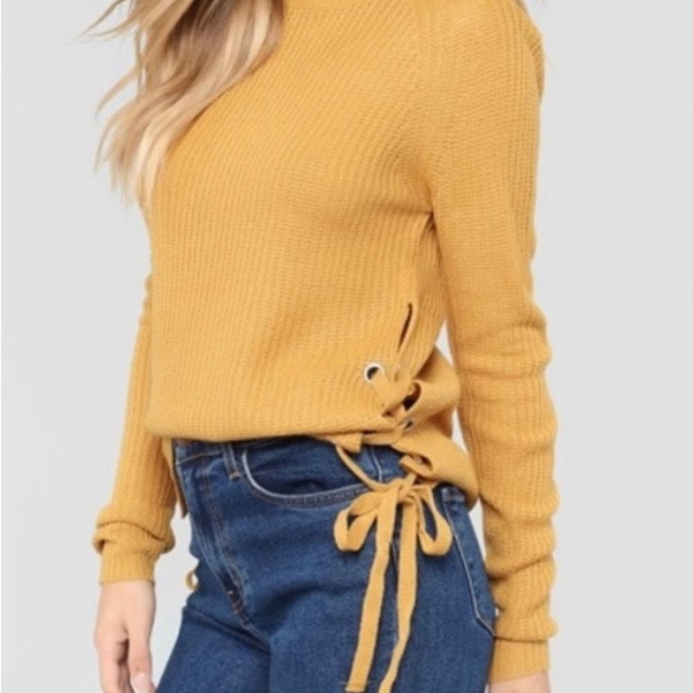 Ambience apparel mustard yellow sweater with side lace up detail women’s M